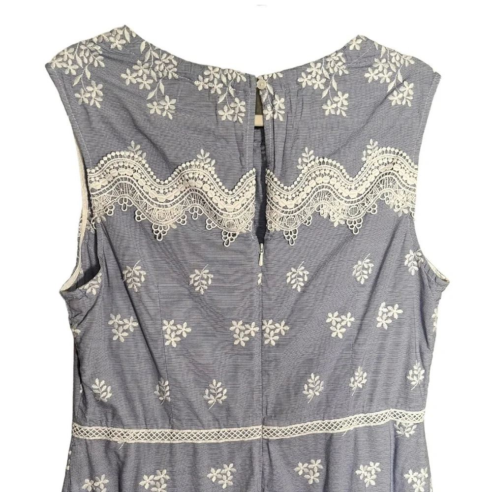 Monique Lhuillier Blue Sleeveless Embroidered Lace Poplin Midi Dress Size 14 - Picture 13 of 16